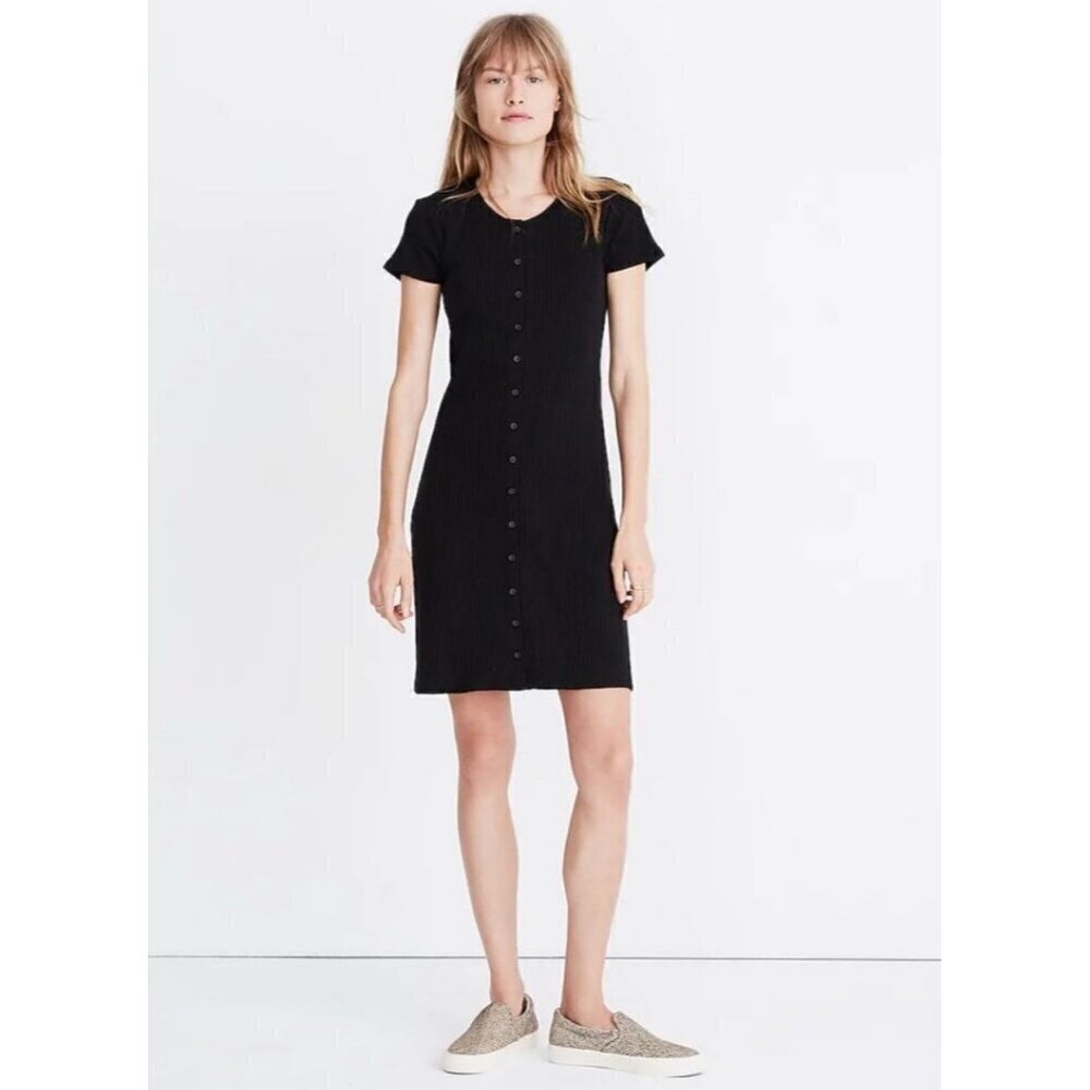 Madewell Dress Size M Button Front Ribbed Knit Mini Black Cotton Blend